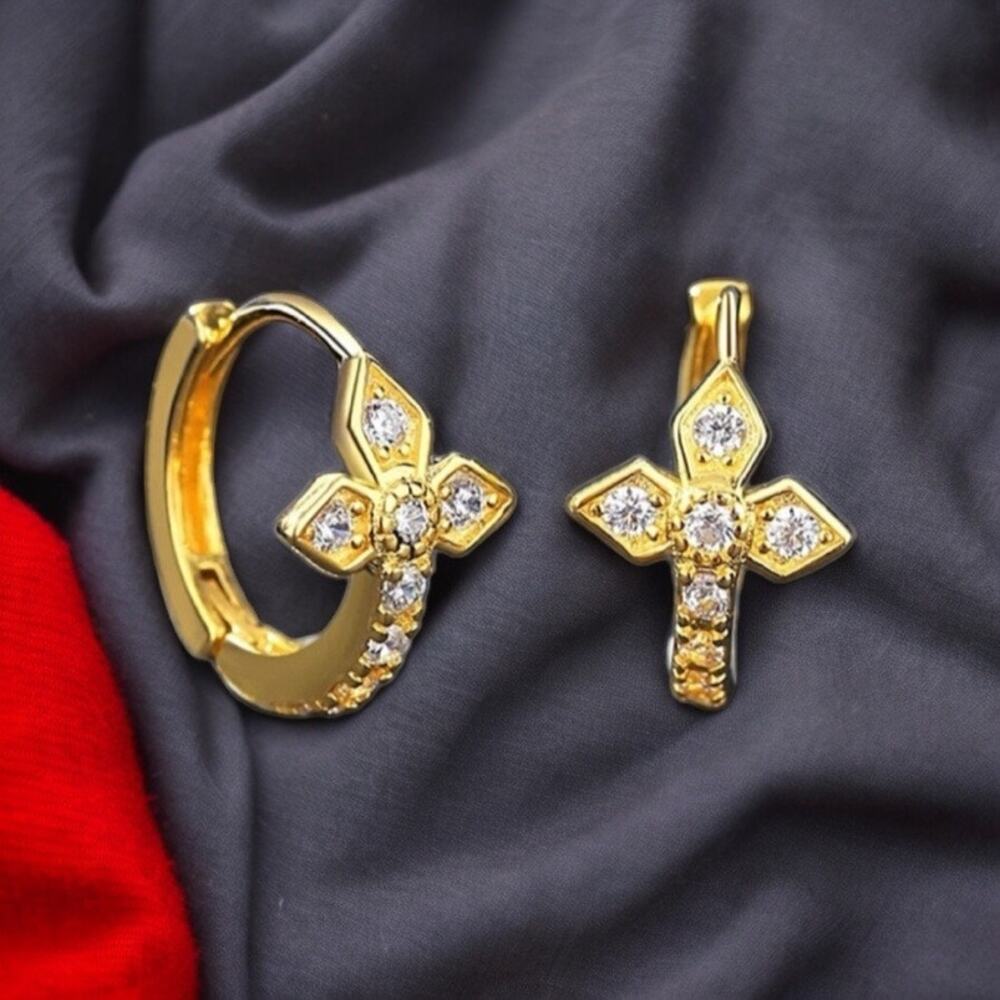 NEW 14K yellow gold pl over sterling silver CZ hoop cross earrings jewelry B5A - Picture 6 of 9
